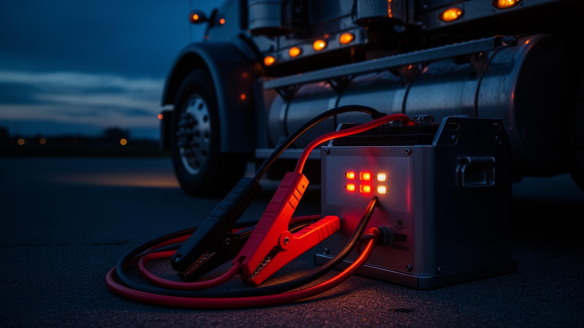 Heavy-duty 24V jump pack connected to a semi truck battery box at night