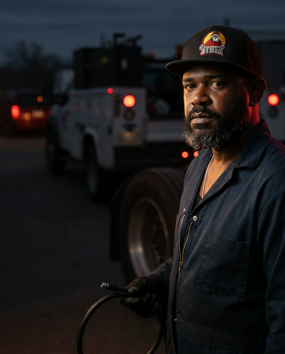 D.R. Vialet — owner of the Pennsylvania commercial roadside assistance company, beside a service truck at dusk