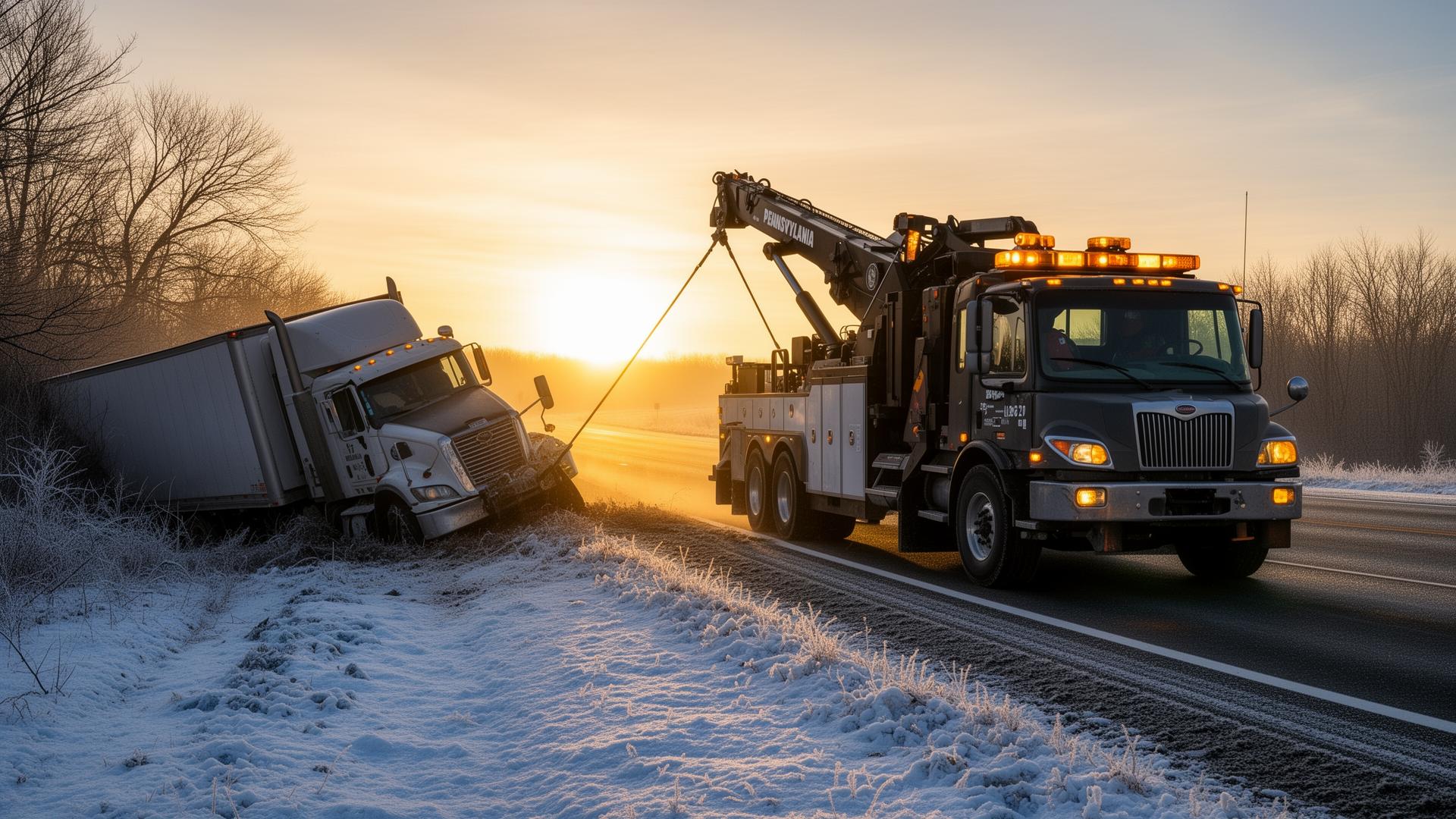 Heavy-duty wrecker winching a jackknifed semi truck out of a snowy Pennsylvania highway shoulder at dawn