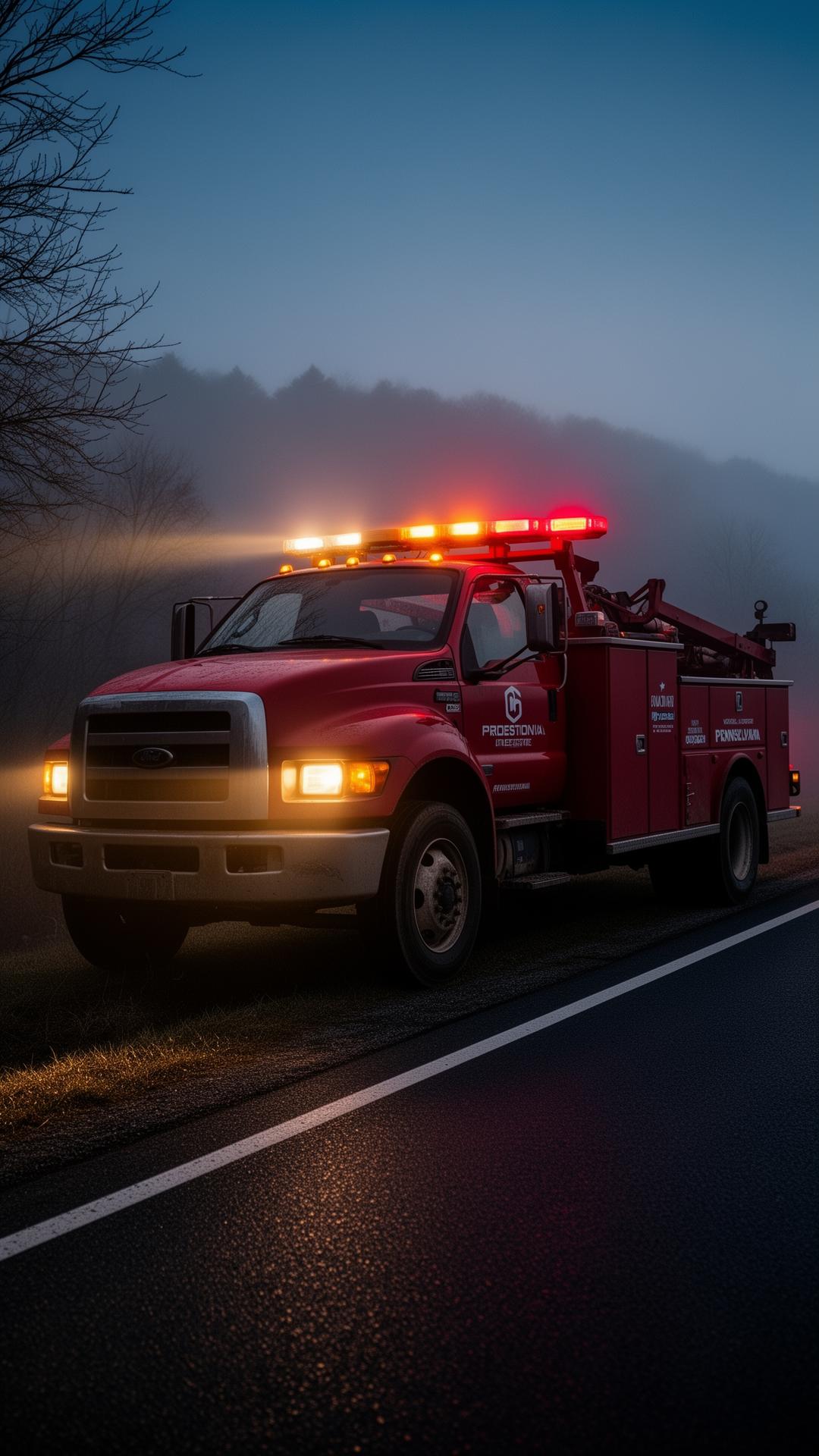 D.R. Vialet roadside service truck with light bar parked on a Pennsylvania highway shoulder