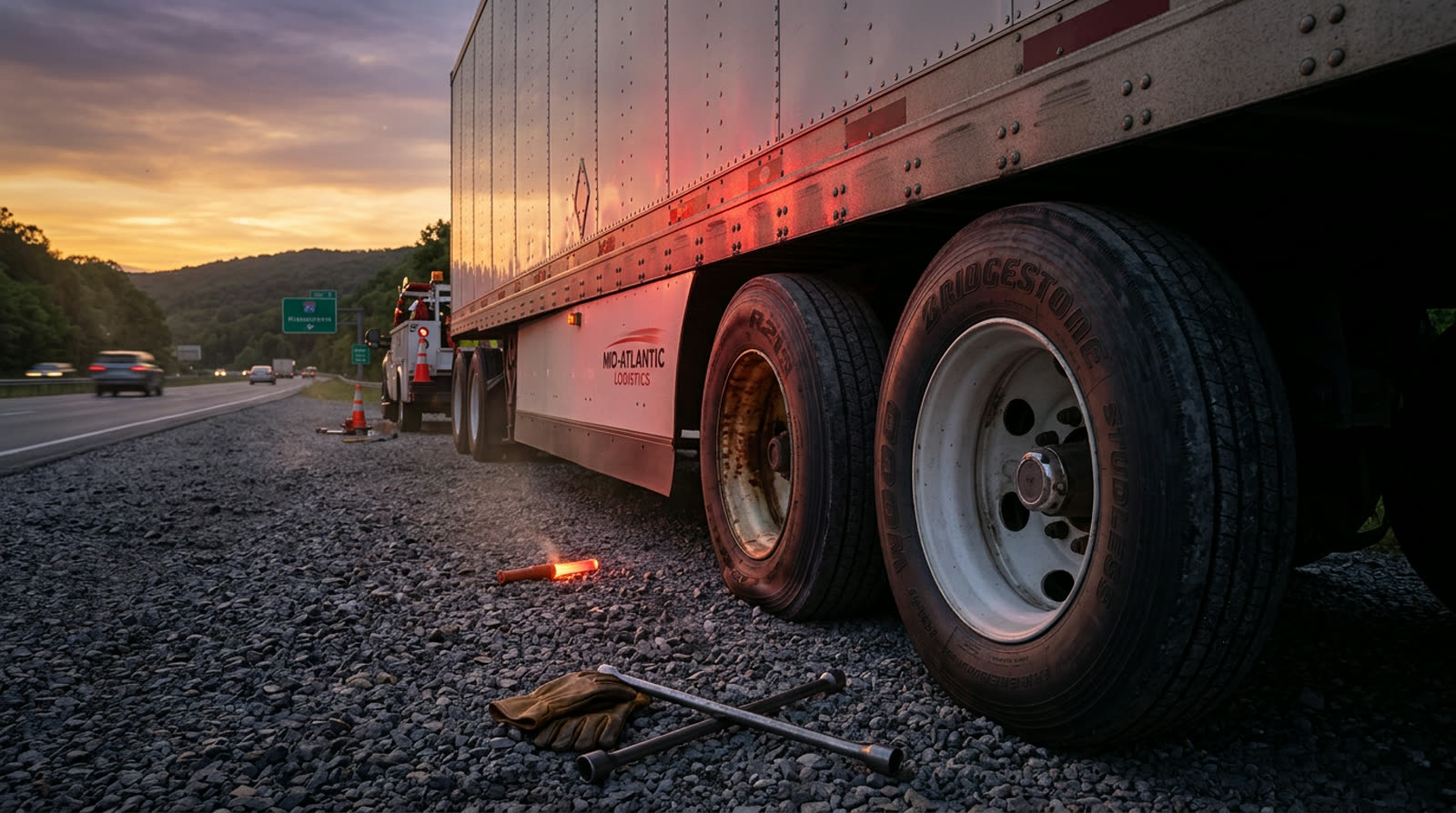 Real D.R. Vialet roadside service call — semi trailer dual tires on a Pennsylvania interstate shoulder at dusk