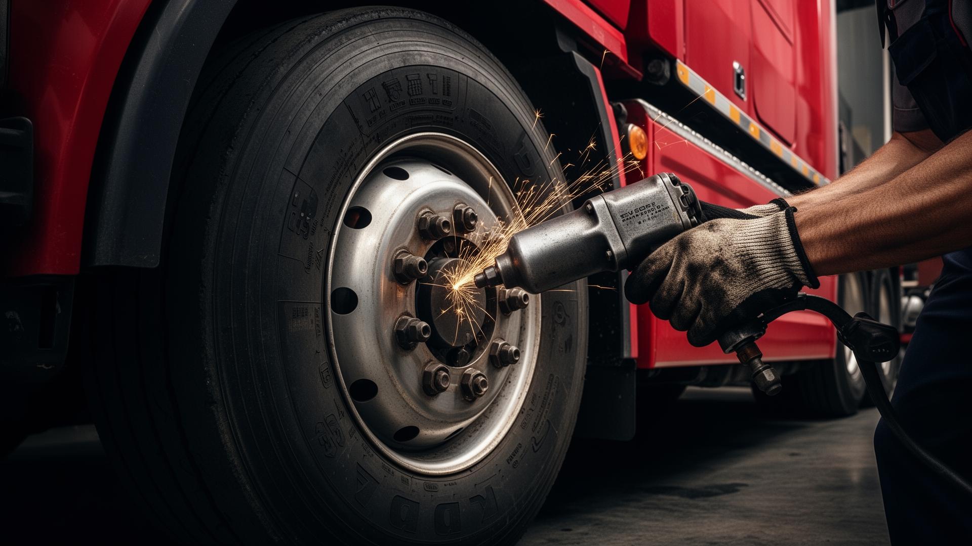 Mechanic torquing a commercial truck tire with an impact wrench